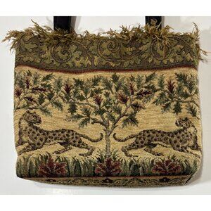 Vintage Tapestry Embroidered Leopard Shoulder Bag Tote Safari Jungle Fringe
